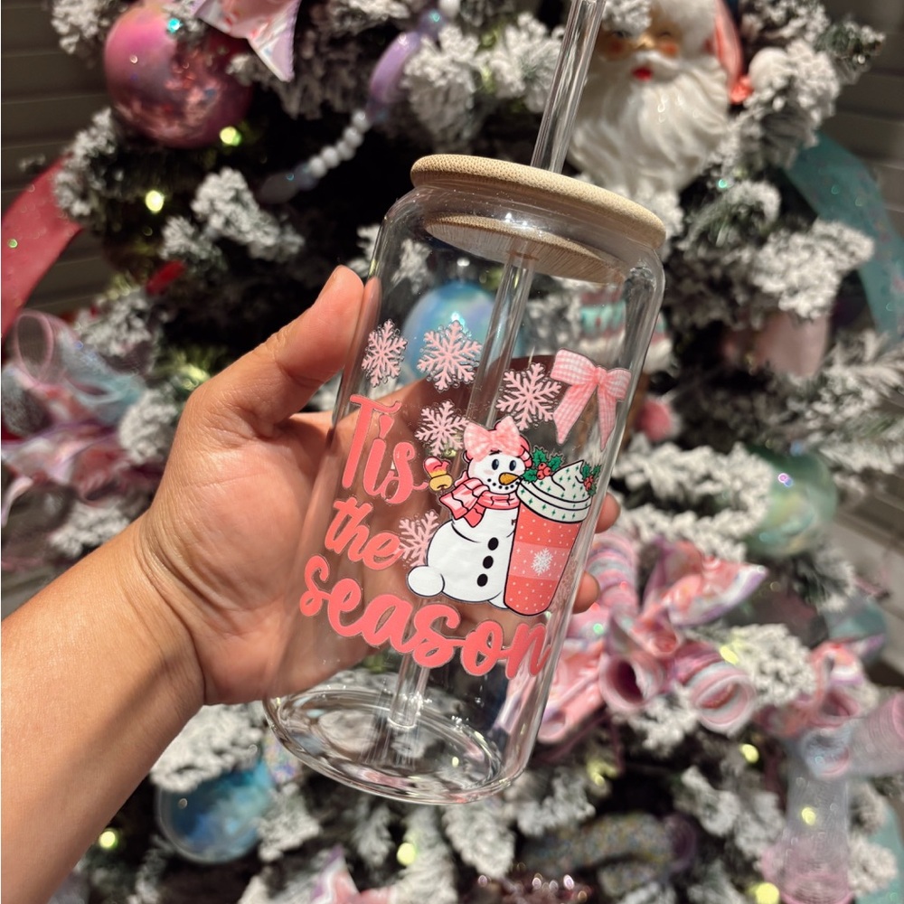 Christmas glass tumbler w/straw